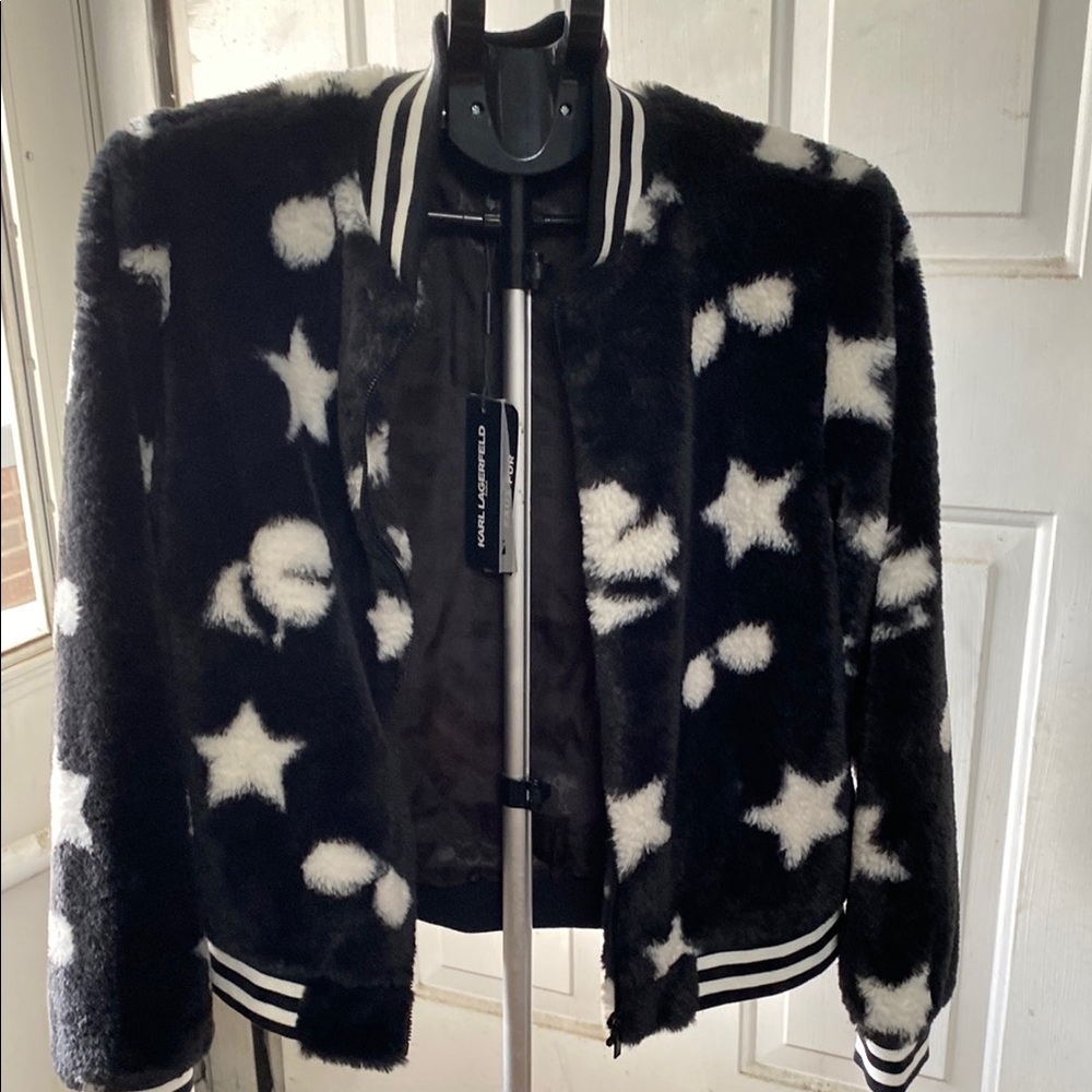 Karl Lagerfeld Black and White Teddy Jacket with Plush Material